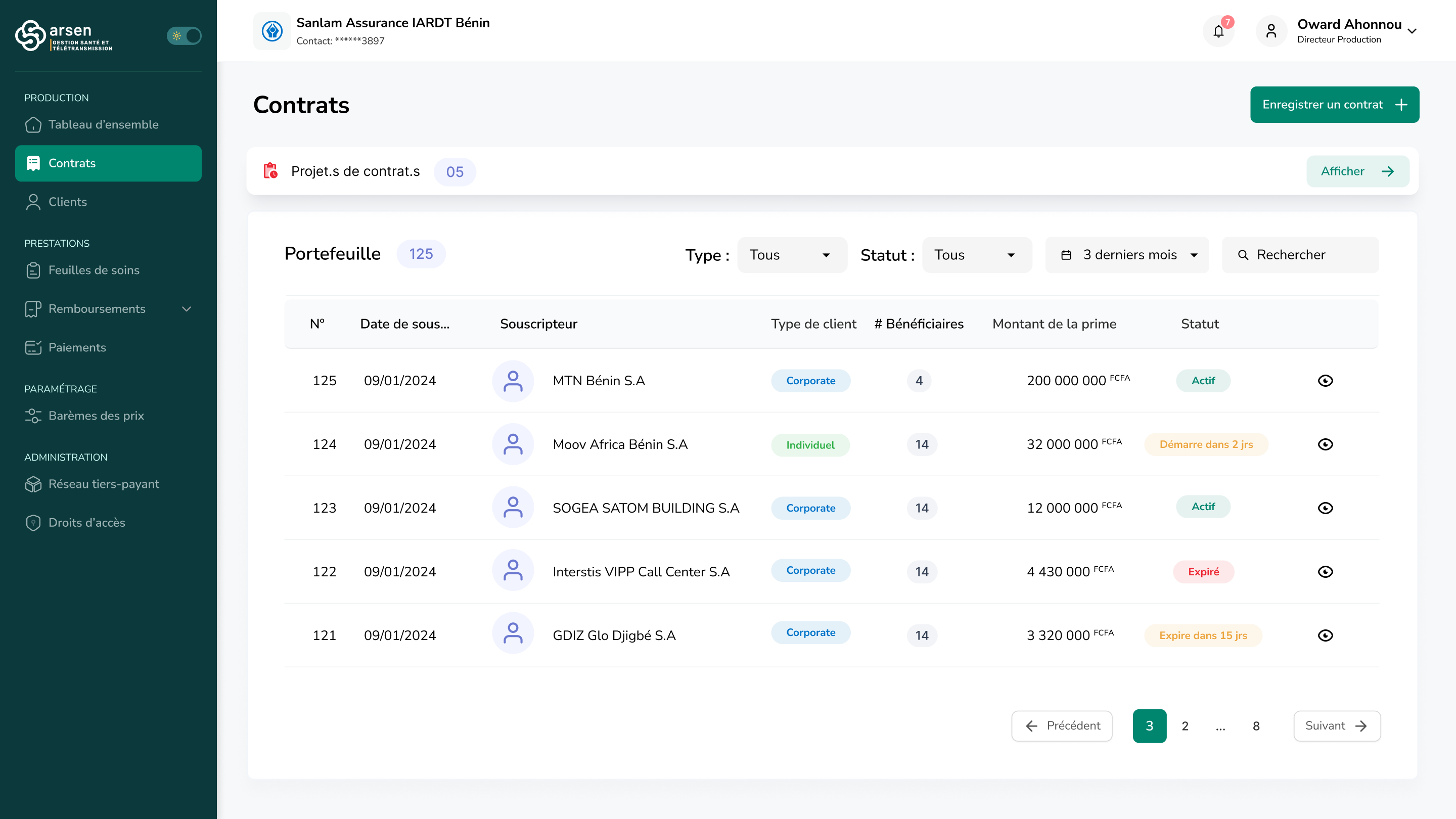 Interface de gestion pour assureurs